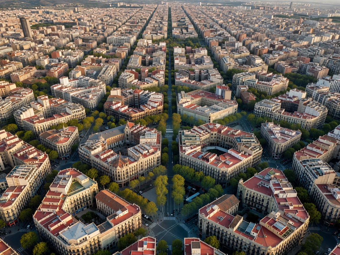 Aerial view of Barcelona's Eixample grid with modernist buildings and tree-lined avenues