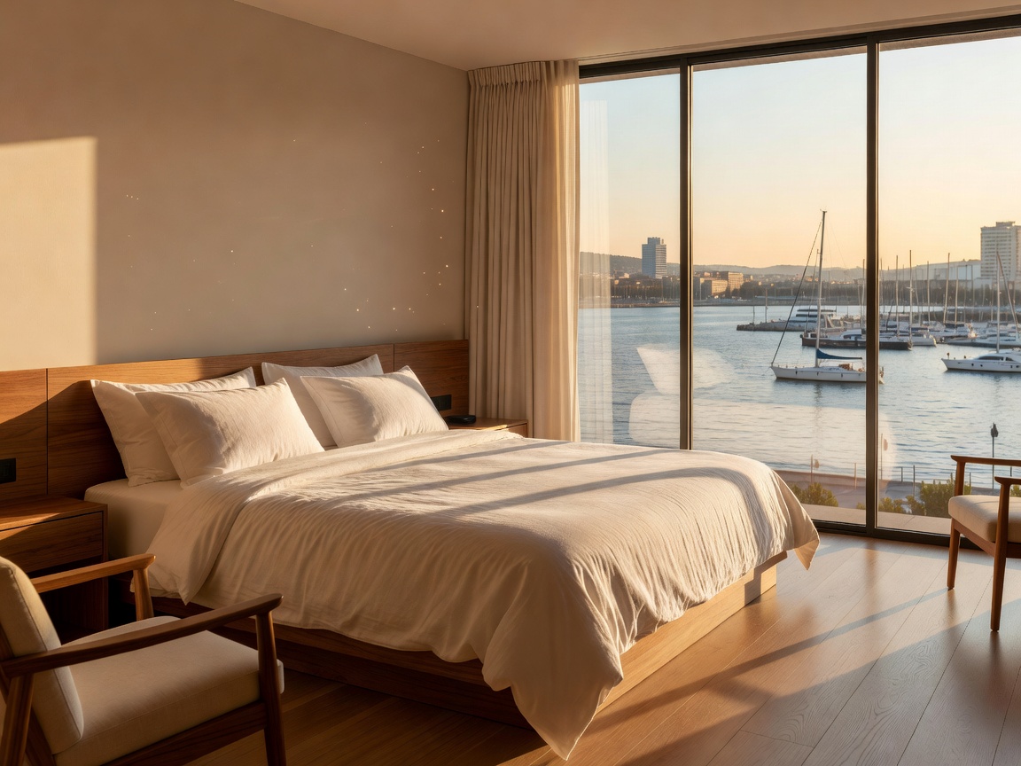Boutique hotel bedroom with linen bedding, warm wood and a window overlooking Barcelona harbour