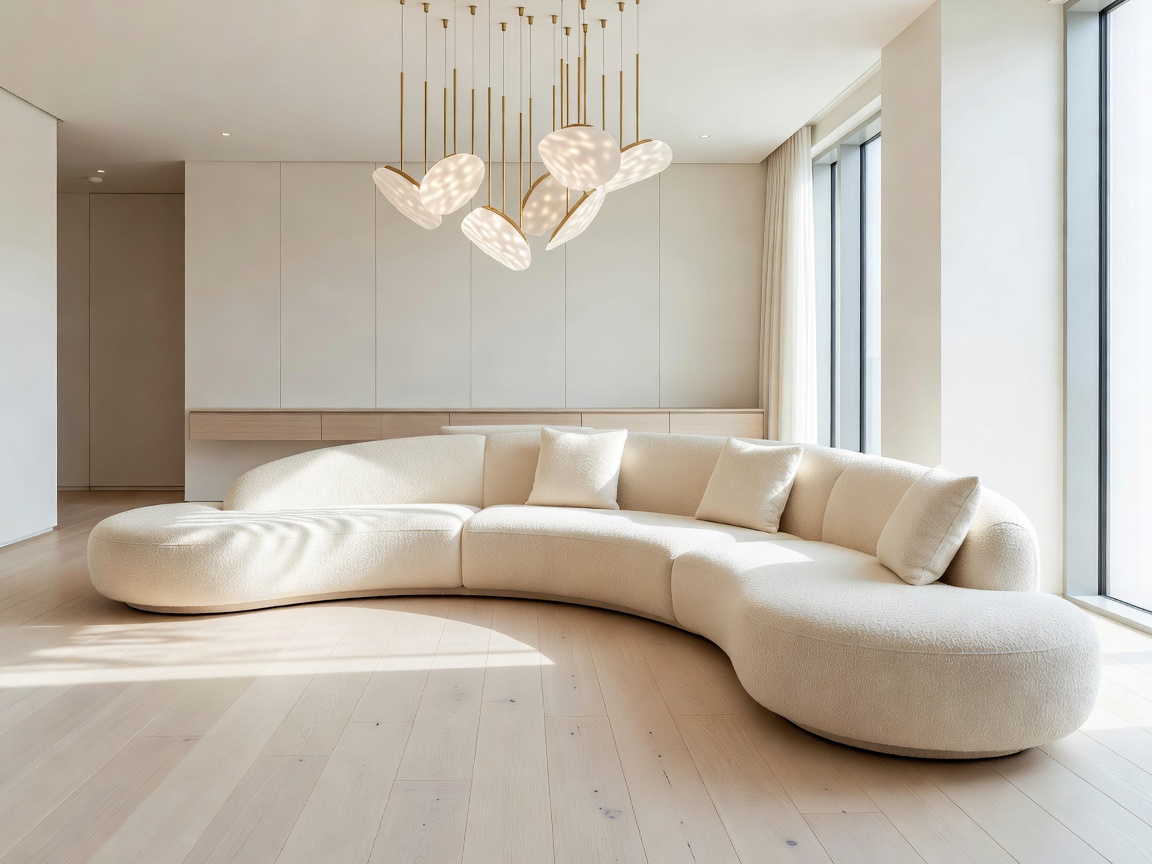 Bright designer hotel suite with curved sofa, pale oak floors and sculptural pendant lighting