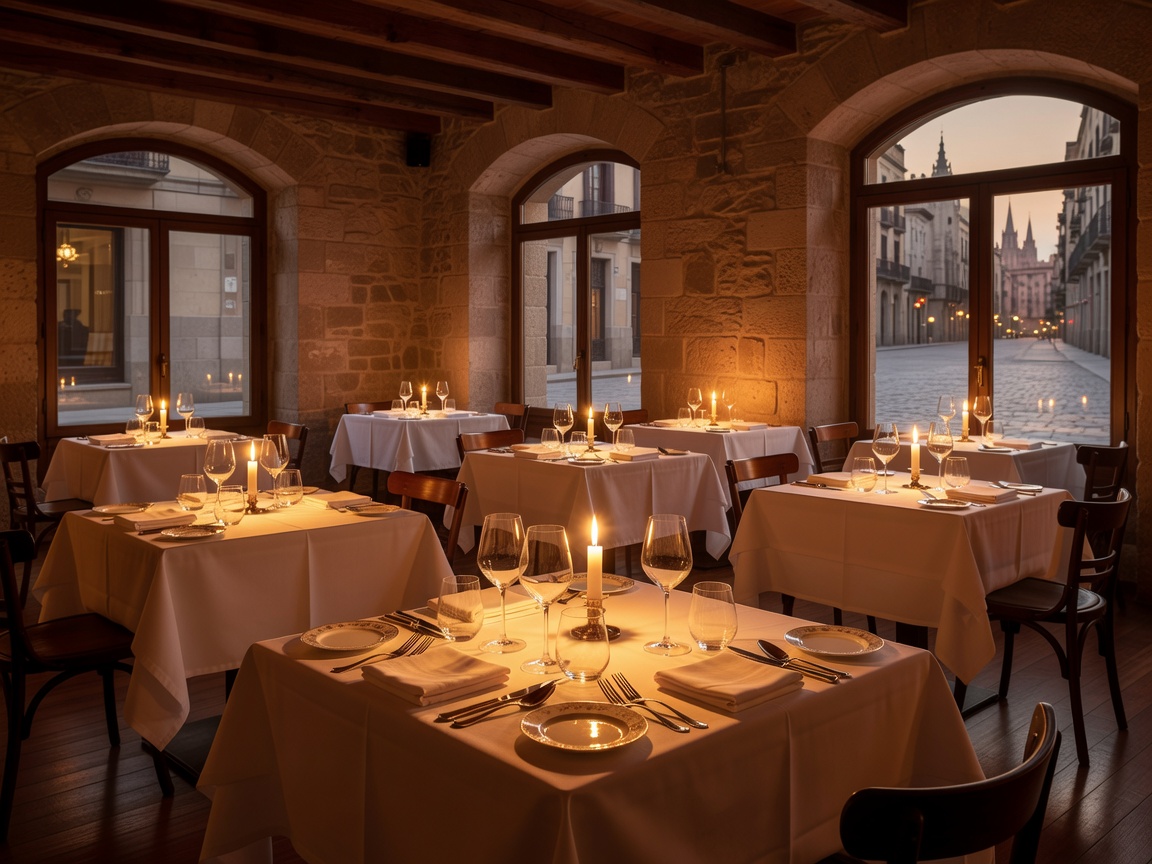 Warmly lit fine dining restaurant interior with set tables