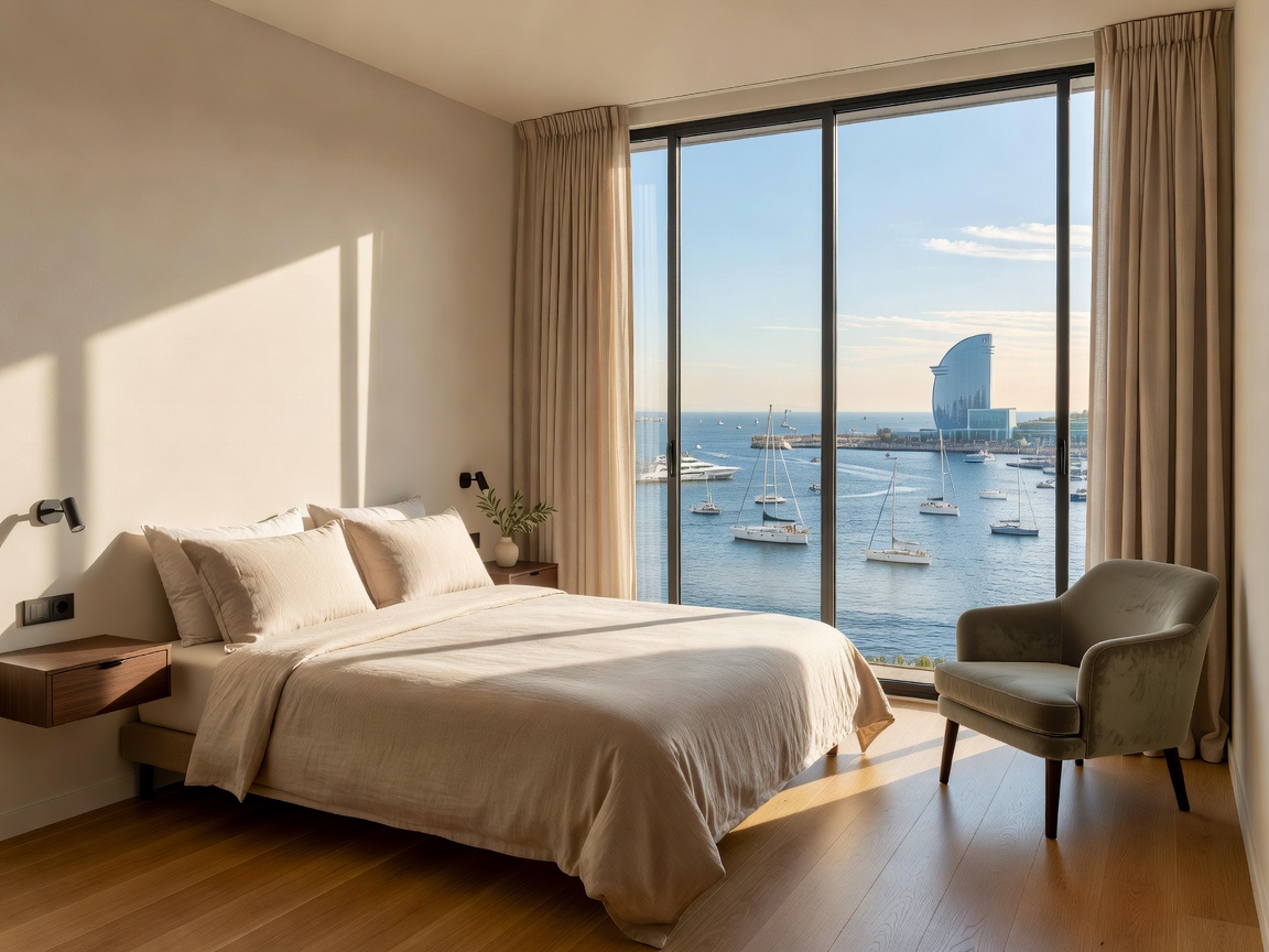 Compact boutique hotel bedroom with harbour view in Barcelona