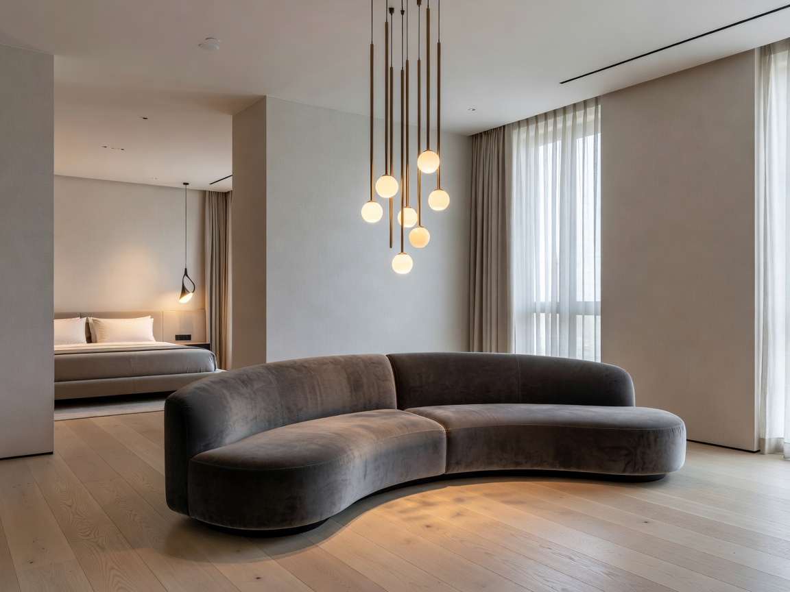 Designer hotel suite with curved sofa, pale oak floors and sculptural lighting