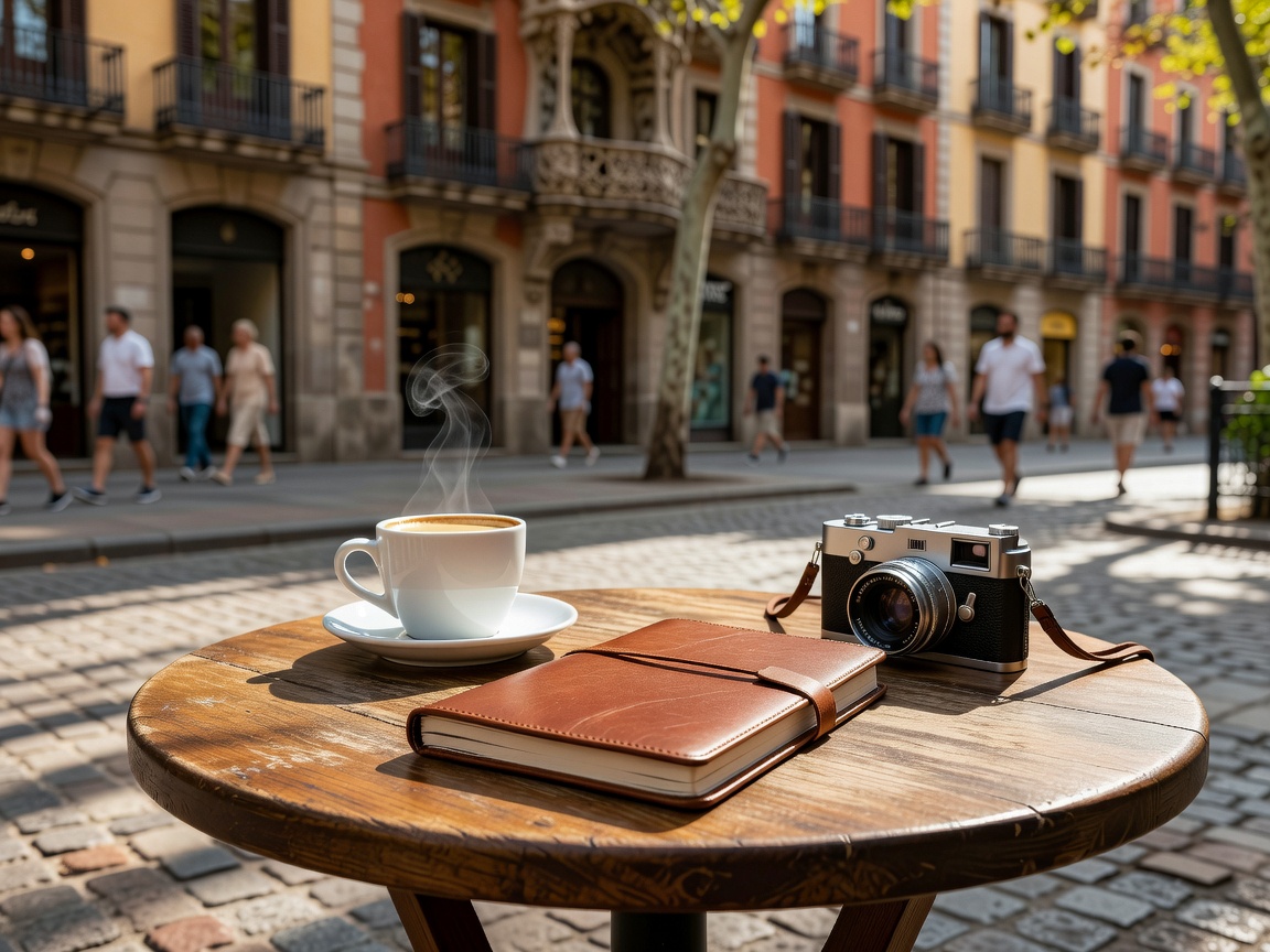 Editorial notebook, coffee cup and camera on a Barcelona café table