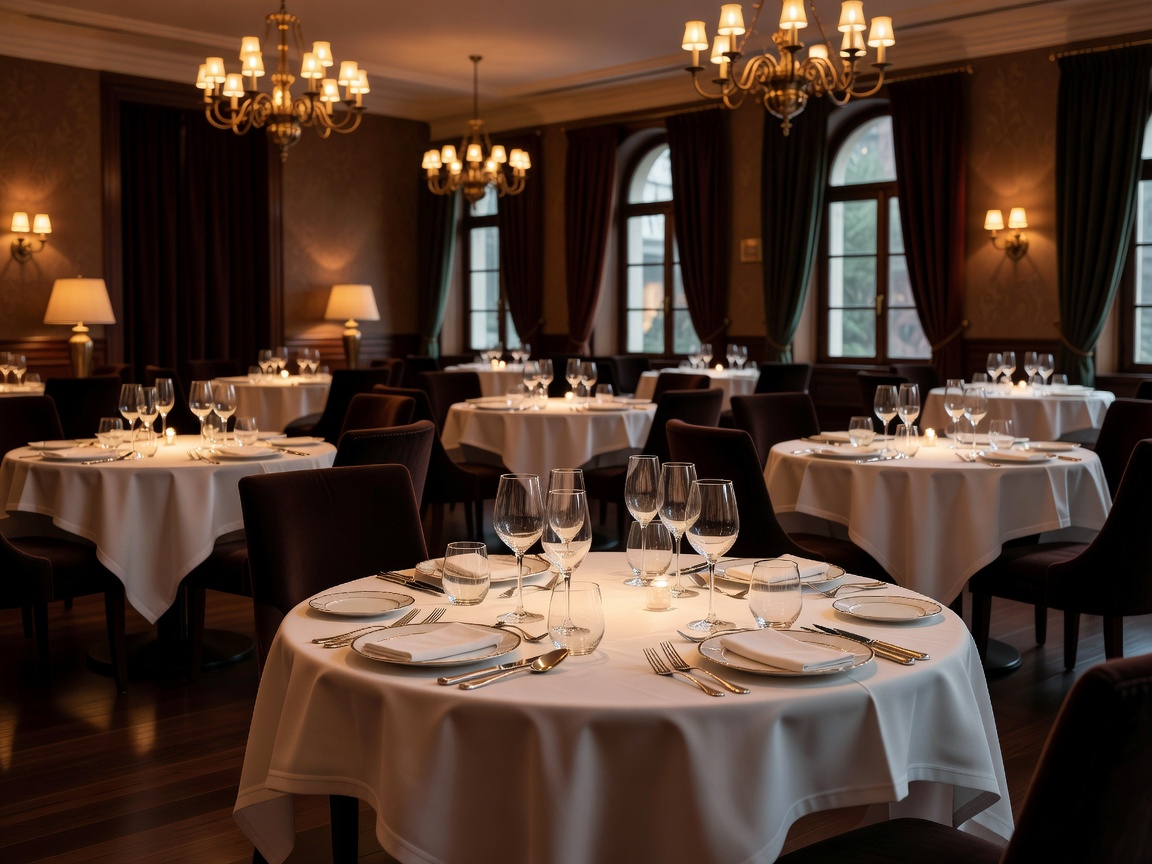 Elegant restaurant dining room with set tables, glassware and warm lighting