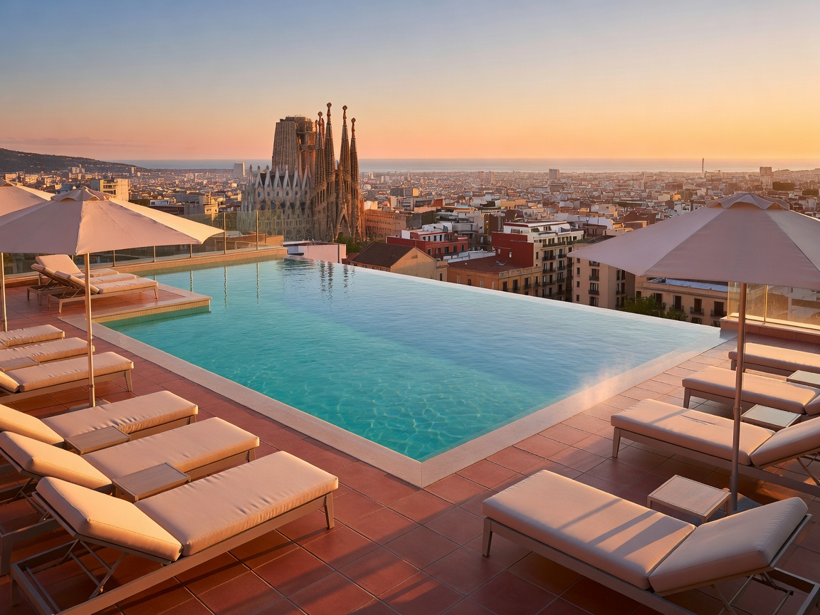 Rooftop pool terrace of a historic Barcelona hotel at sunset