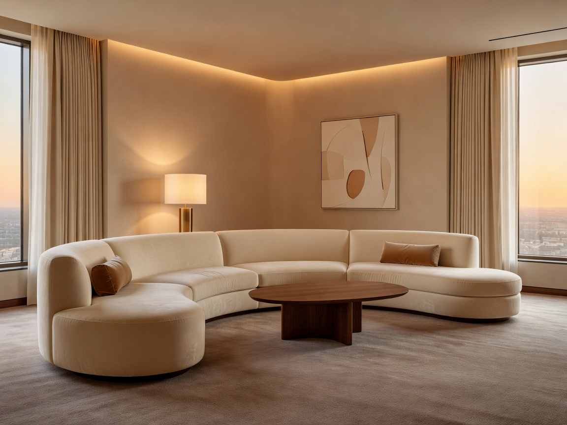 Luxury hotel suite with curved seating and warm neutral interior design