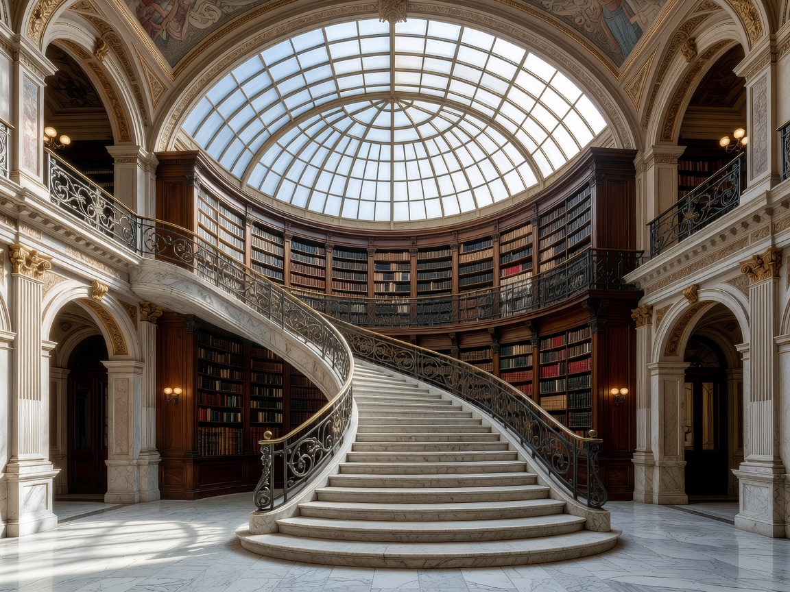 Marble spiral staircase and glass-domed library inside a restored neoclassical Barcelona hotel