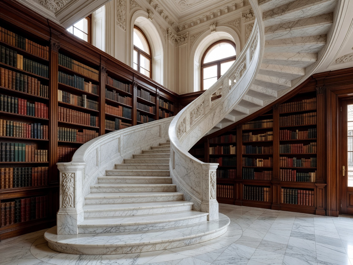 Marble spiral staircase and library shelving inside a restored neoclassical hotel