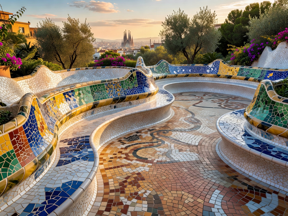 Mosaic-tiled Barcelona terrace with curving benches