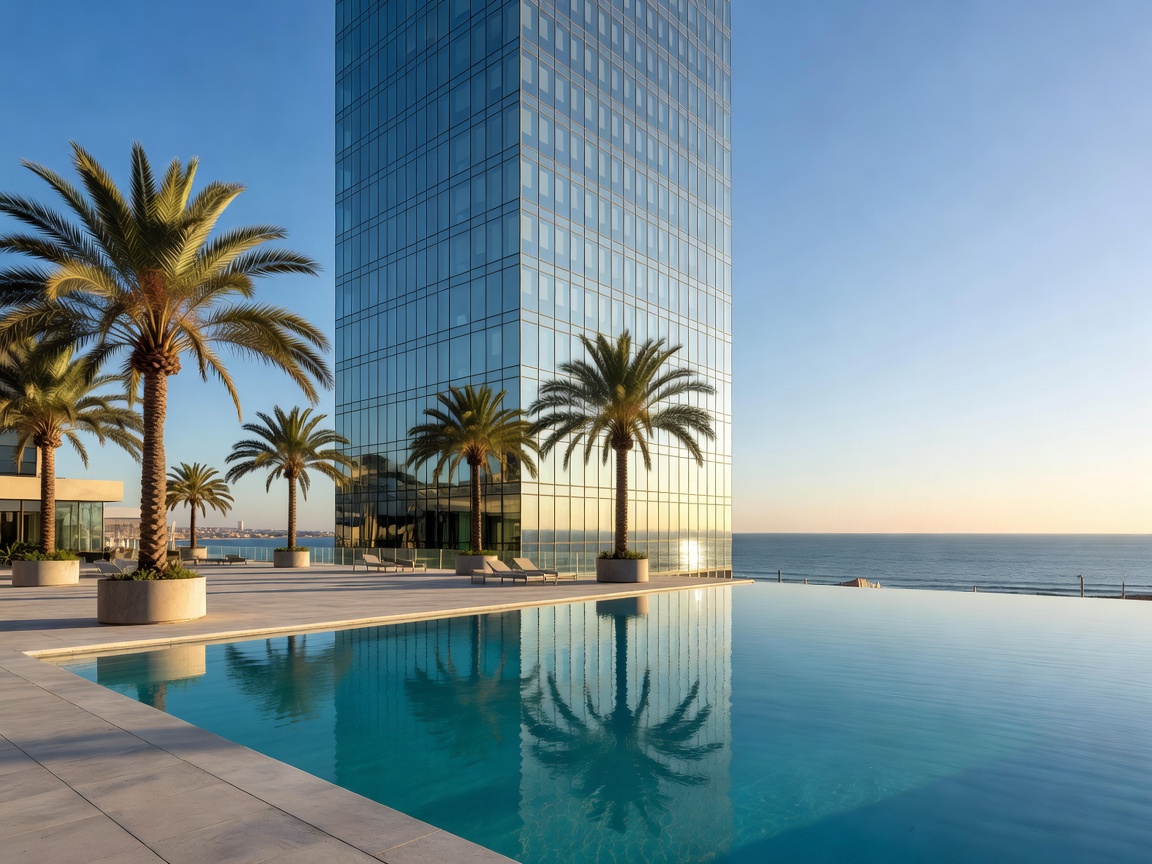 Outdoor pool terrace with palm trees at the foot of a tall glass hotel tower near the Barcelona seafront