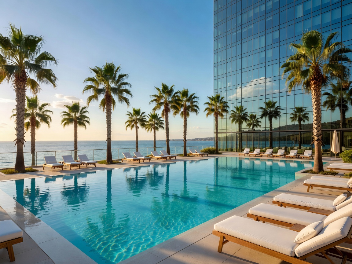 Palm-fringed hotel pool terrace beside a glass tower on the Barcelona seafront