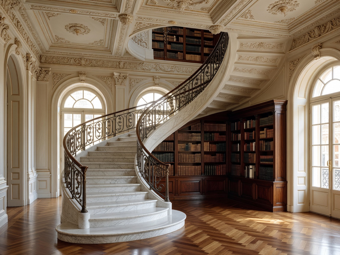 Restored neoclassical hotel interior with spiral staircase and library