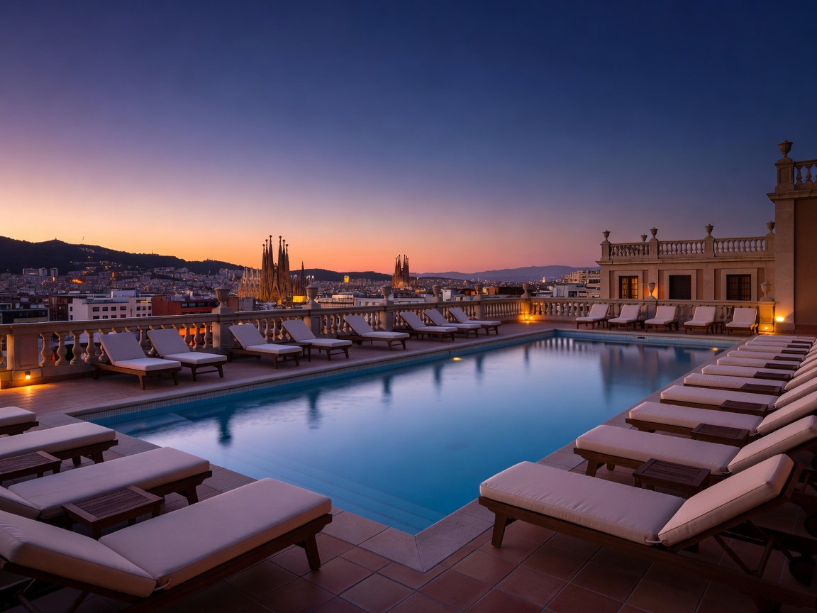 Rooftop swimming pool at sunset above the rooftops of Barcelona