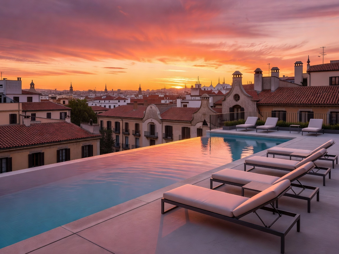 Rooftop swimming pool and sun loungers on a historic Barcelona hotel terrace at golden hour