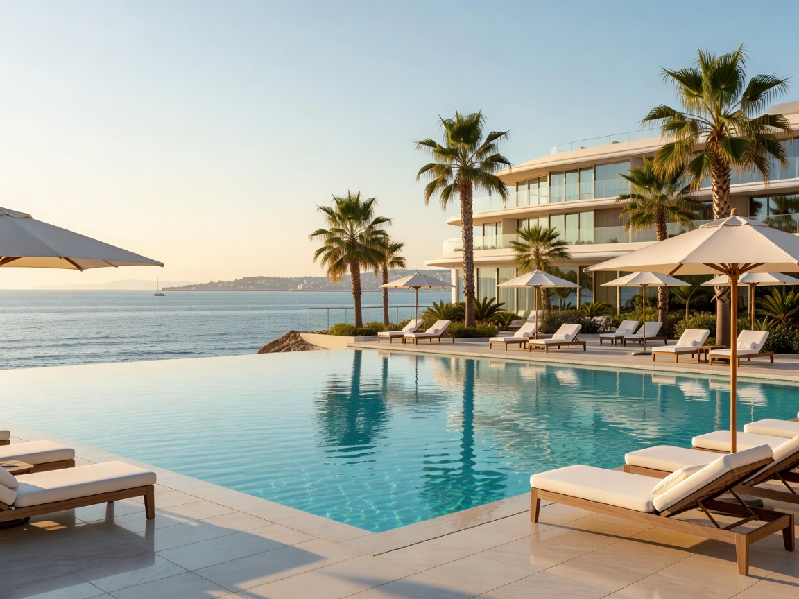 Seafront hotel pool terrace with palm trees in Barcelona