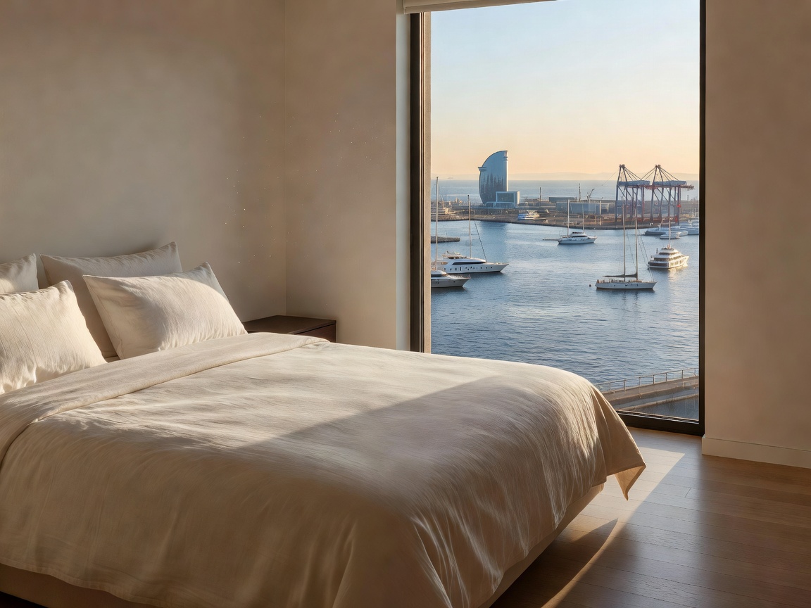 Small luxury hotel bedroom with linen bedding and a window overlooking Barcelona harbour