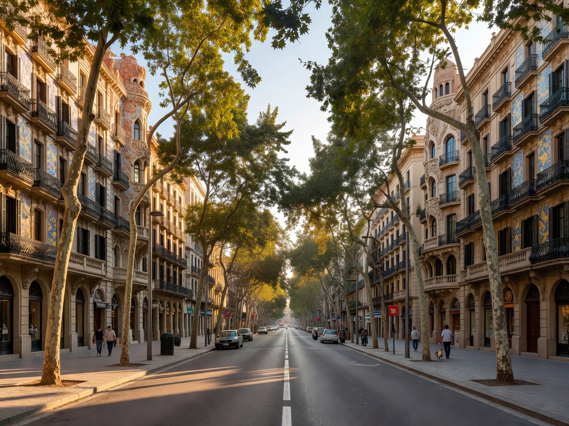 Wide Eixample boulevard in Barcelona lined with modernist apartment buildings